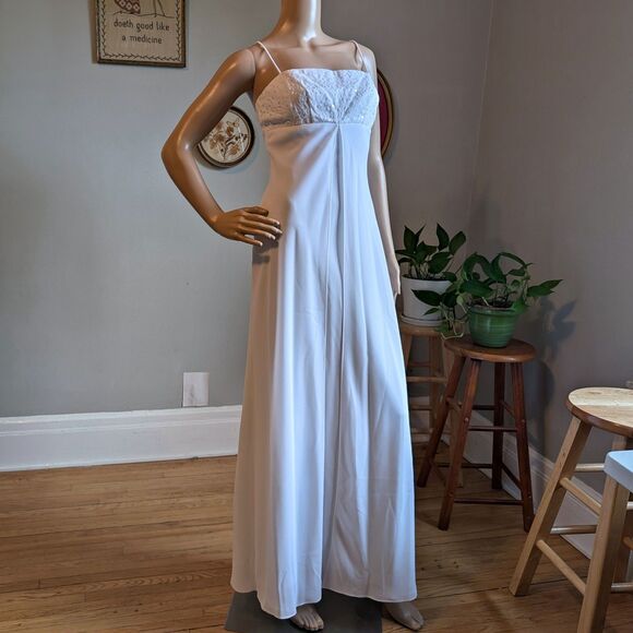 Vintage 90s White Gown Prom Dress Maxi Bridal Wedding Sequin Regency Empire JR 3 - Picture 11 of 11